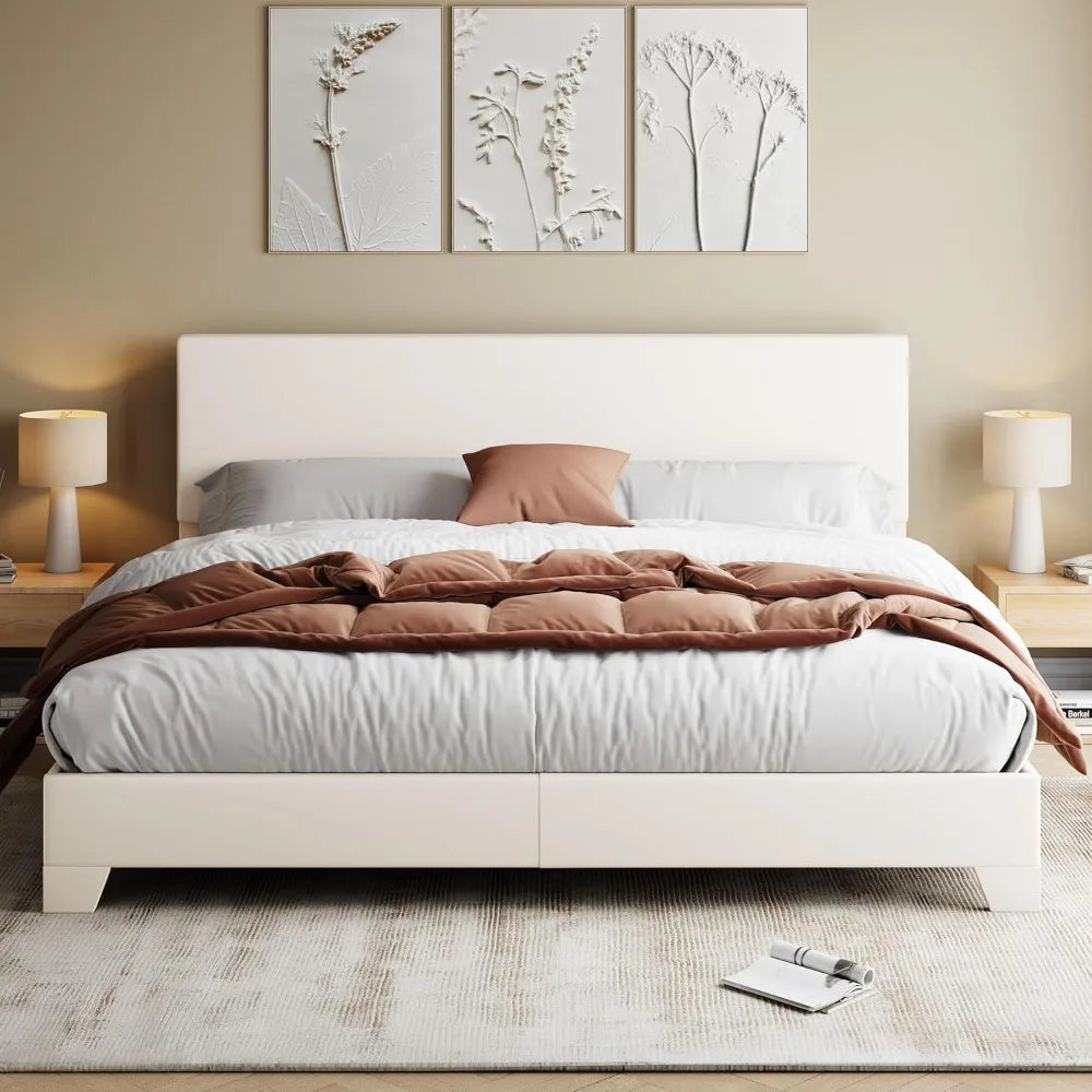 Full/Queen/king Size Bed Frame Adjustable Headboard, Faux Leather Platform Bed, Easy Assembly