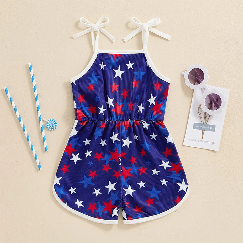 18MO-5T Girls Jumpsuit Tie-up Spaghetti Straps Stars Print Romper 4th of July