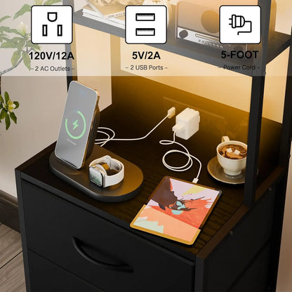 LED side table with U-S-B ports and sockets for charging piles, 3 drawers