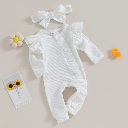 0-12M Baby Girl Ruffle Zipper Romper, Long Sleeve Jumpsuit