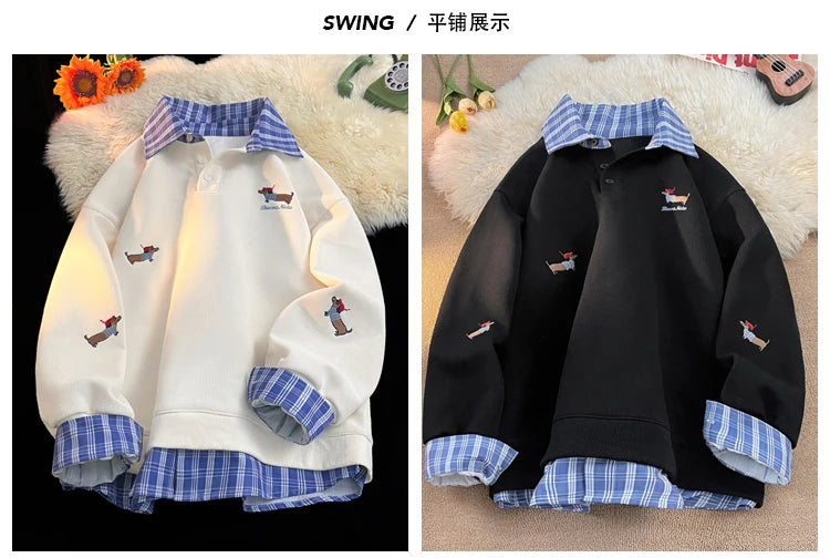Unisex Plaid Patchwork Fake Two Sweatshirt, College Style Puppy Embroidery, POLO Collar