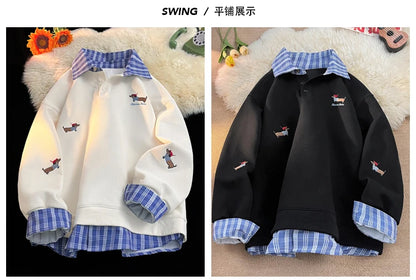 Unisex Plaid Patchwork Fake Two Sweatshirt, College Style Puppy Embroidery, POLO Collar