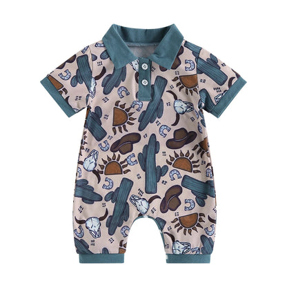 0-18 mo Infant Baby Boys Jumpsuit, Casual Head Print, Short Sleeve Romper