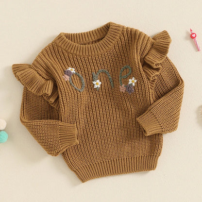 6-18 MO Birthday Sweater, Floral Letter Embroidery, Warm Knitted Pullover