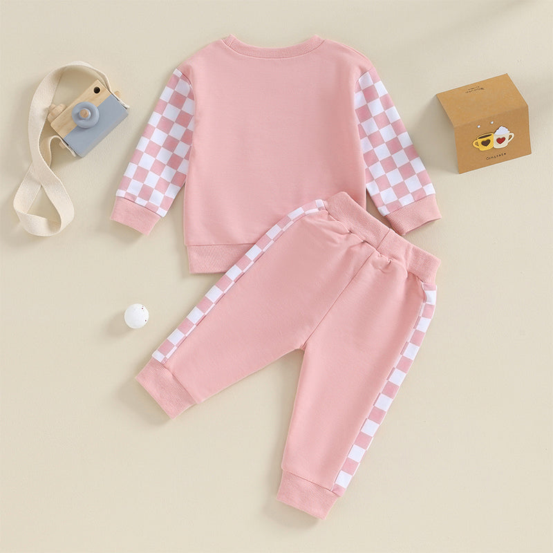 0 MO-3Y Girl Clothes Outfits, Long Sleeve, Checkboard Sweatshirt and Pants Set