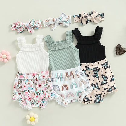 3-18M Baby Girls Shorts Set, Sleeveless Romper, Flower/Rainbow/Print Shorts, Hairband