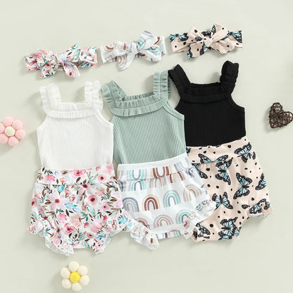 3-18M Baby Girls Shorts Set, Sleeveless Romper, Flower/Rainbow/Print Shorts, Hairband