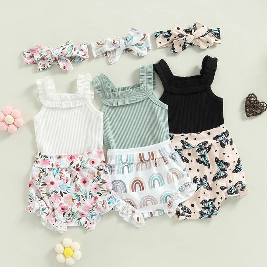 3-18M Baby Girls Shorts Set, Sleeveless Romper, Flower/Rainbow/Print Shorts, Hairband