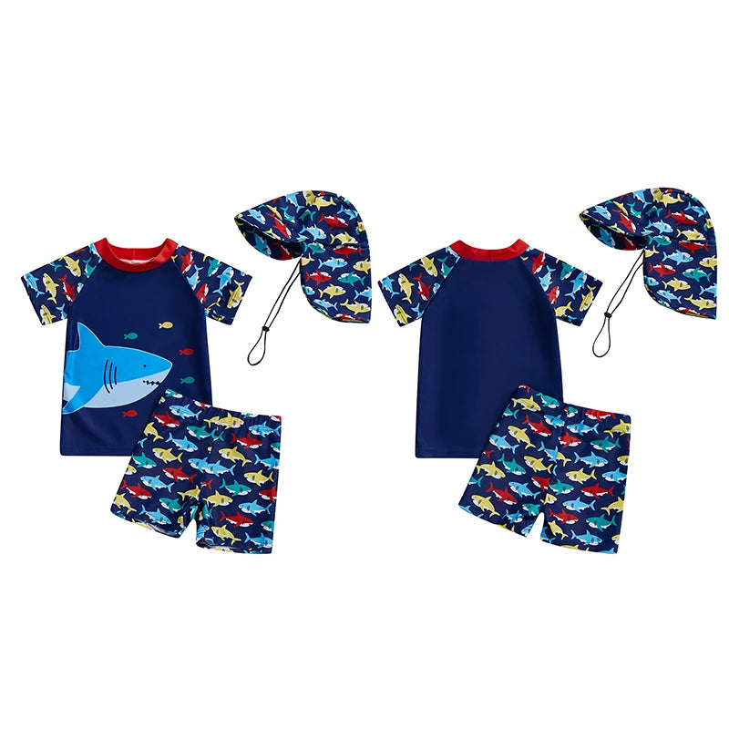 3Pcs, 0MO-4Y Boy Swimsuit Set, Shark Print Short Sleeve, Rash Guard Swim Top, Short, Sun Hat,