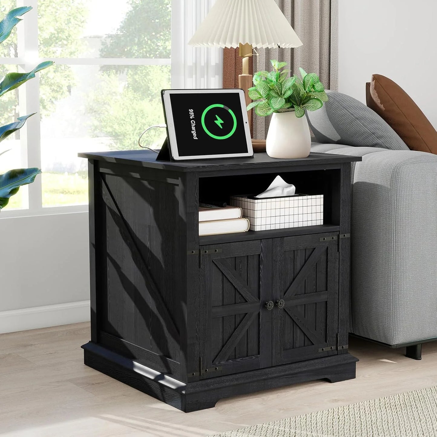 24" Farmhouse Style Side Table with Adjustable Storage Shelves and charging station