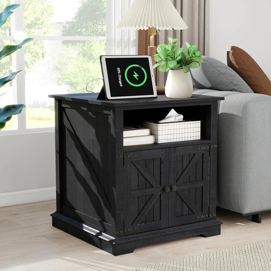 24" Farmhouse Style Side Table with Adjustable Storage Shelves and charging station