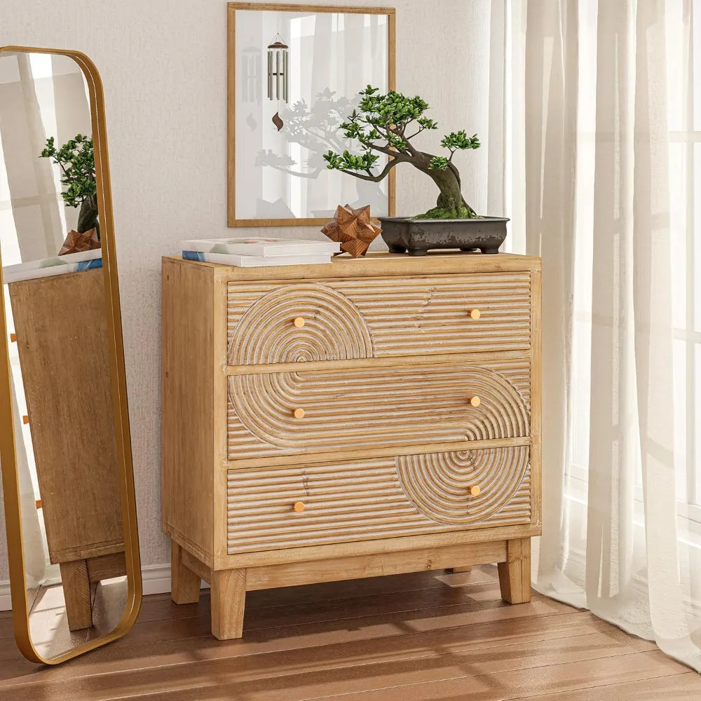 Set of 2 3-Drawer Fully Assembled Nightstands with Handicraft Wood Ring Motif