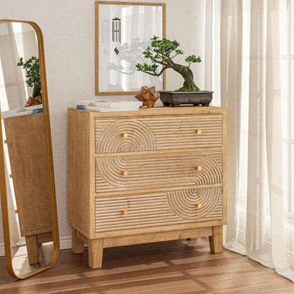 Set of 2 3-Drawer Fully Assembled Nightstands with Handicraft Wood Ring Motif