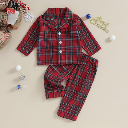 6M-4Y Kids Christmas Pajamas Set, Plaid Button up Long Sleeve Shirt and Elastic Pants Sleepwear