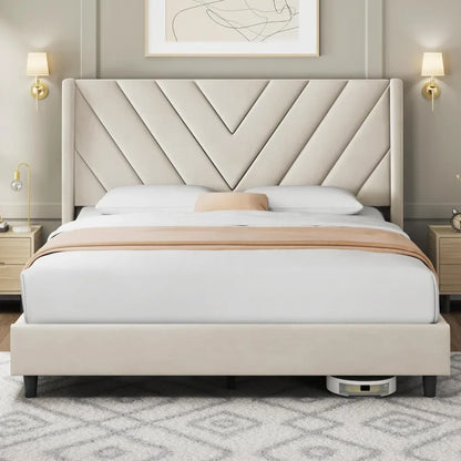 Upholstered Platform Bed with Wing Side/Wooden Slat Support/Tufted Headboard