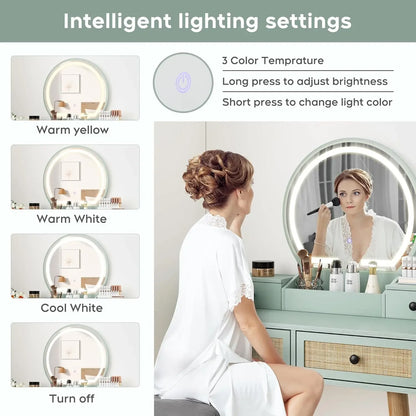 31" Natural Rattan Vanity Desk Set, w/3 Modes, Adjustable ,Lighted Mirror & Cushioned Stool