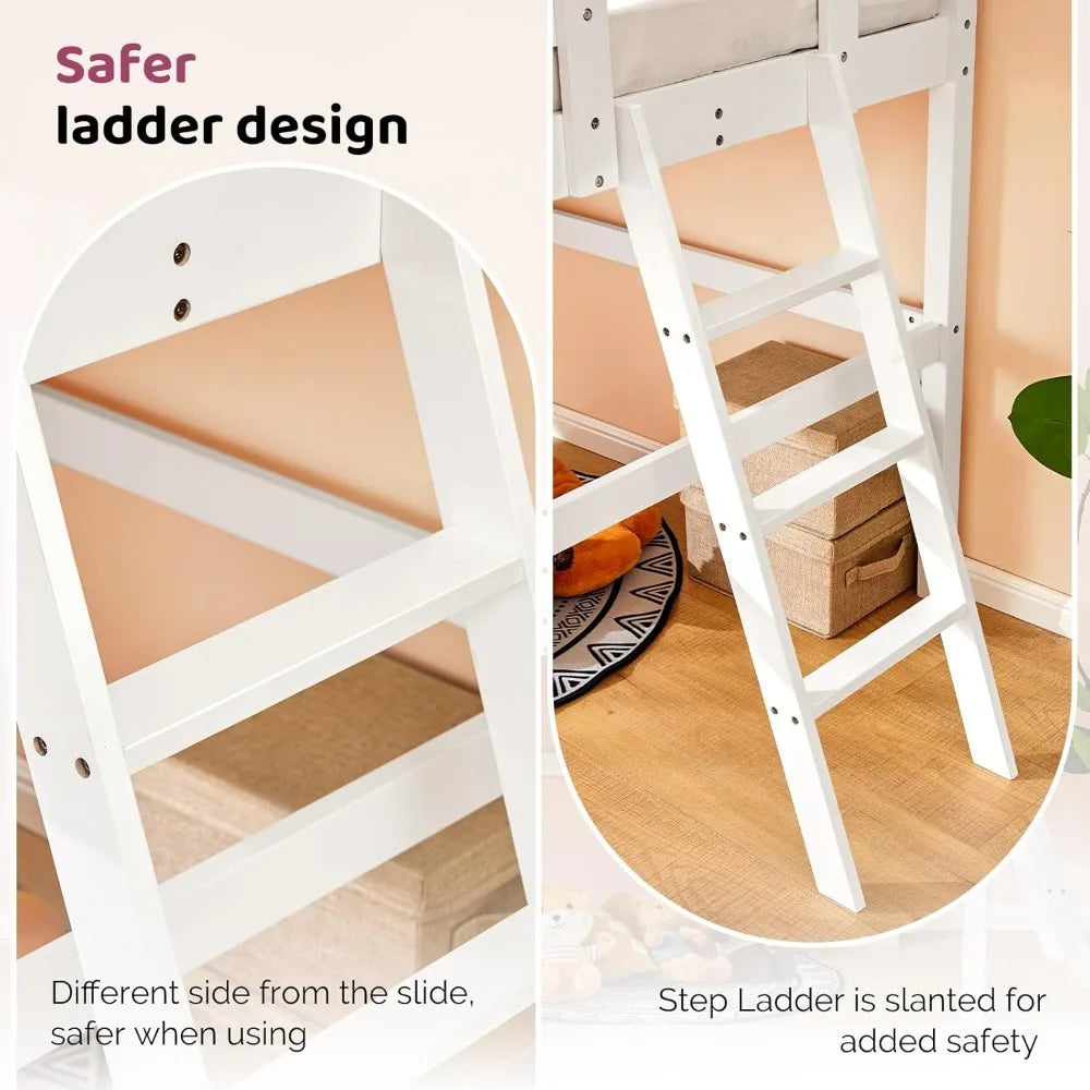 Space Saving Kids Low Loft Bed with Guardrail and Ladder, Pine Wood and Sturdy Bed Frame