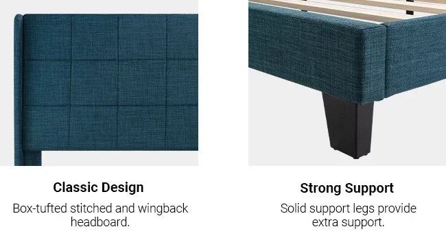Fabric Upholstered Square Stitched Headboard and Wooden Slats