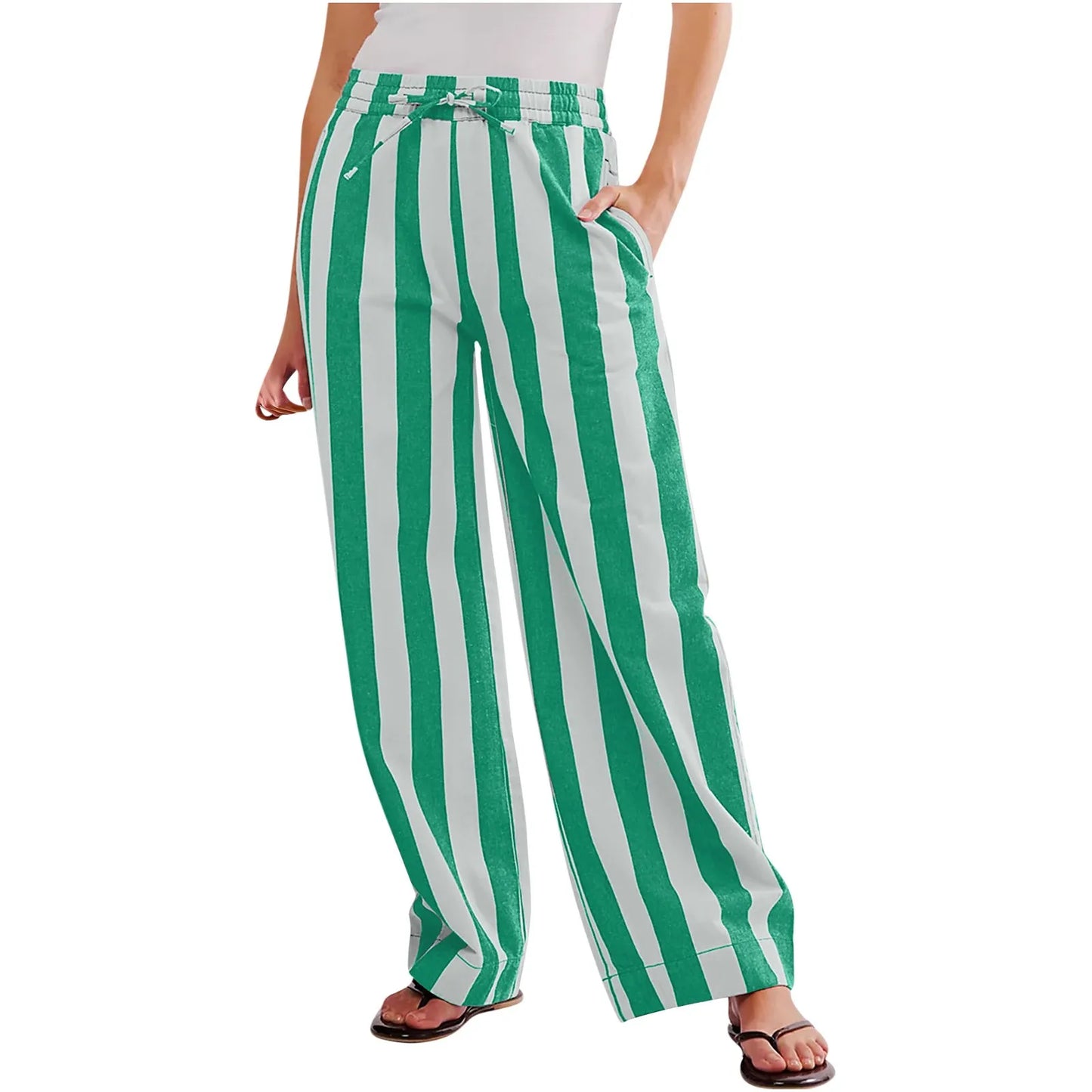 Women Casual Baggy Trousers, Striped Color Blocking, High Waist, Wide Leg, Pockets