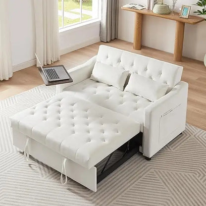 65'' 3-in-1 Queen Size Pullout Sofa, Modern Chenille Fabric, 360° Swivel Side Table
