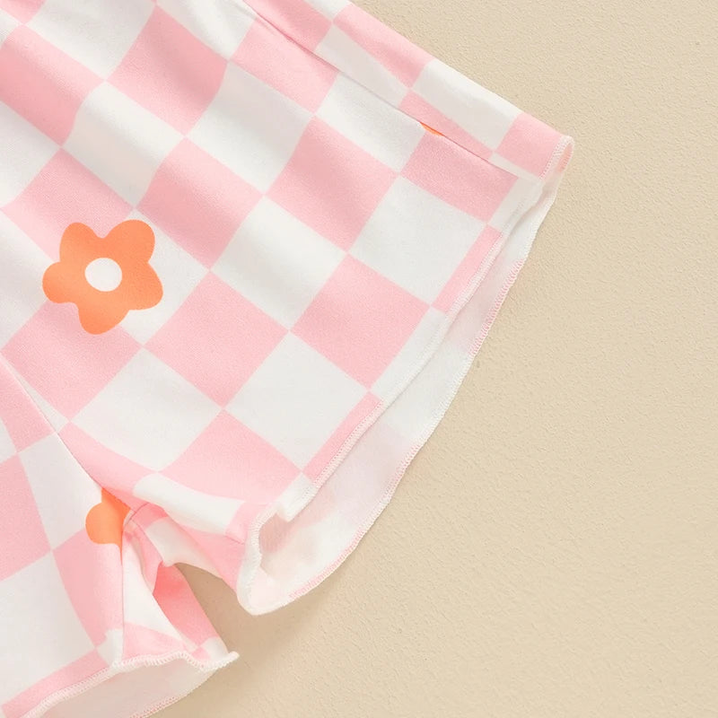 12 MO-4T Floral Checkerboard Print Short Sleeve O-neck T-shirts+Elastic Waist Shorts Tracksuit
