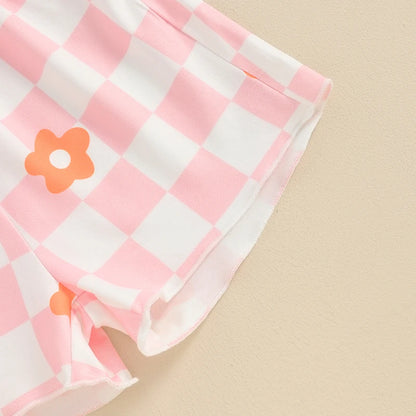 12 MO-4T Floral Checkerboard Print Short Sleeve O-neck T-shirts+Elastic Waist Shorts Tracksuit