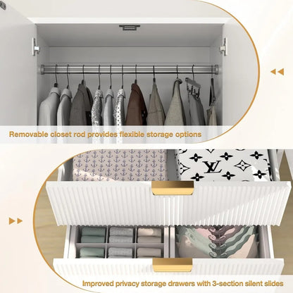 70" Wardrobe Closet with 2 Doors and 2 Drawers, with Hanging Rod