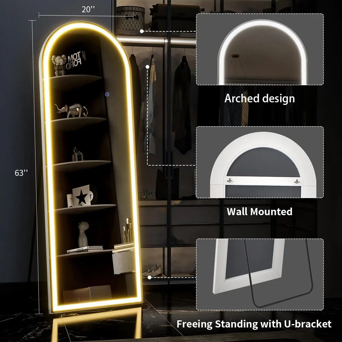 63"x20" Arched Full Length Mirror with Lights