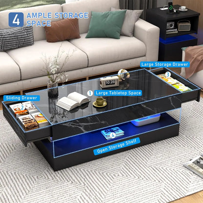 Modern Stylish Coffee Table with 2 Storage Drawers and LED lights