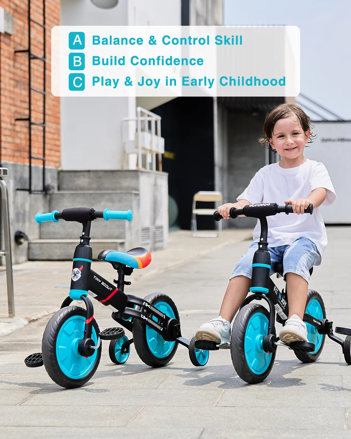 Tiny Scout Balance Bike 3 4 5 Years , 4-in-1 with Optional Support Wheels and Pedals, Saddle Height Adjustable