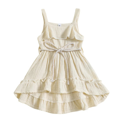 6 MO-4Y Girl Summer Dress, Casual Sleeveless, Square Neck, Belted Dress