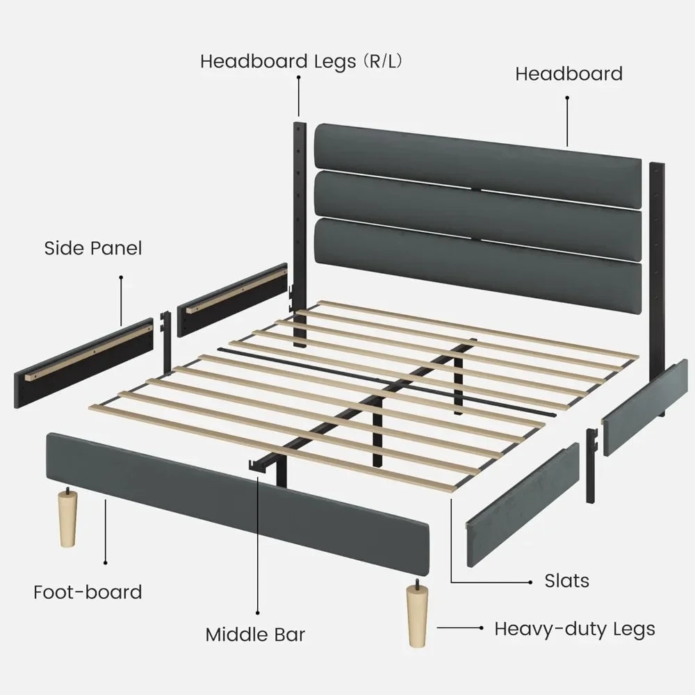 Platform Bed Frame with Velvet Upholstered Headboard, No Box Spring Needed, Sturdy Metal Support, Noise Free