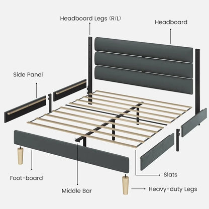 Platform Bed Frame with Velvet Upholstered Headboard, No Box Spring Needed, Sturdy Metal Support, Noise Free