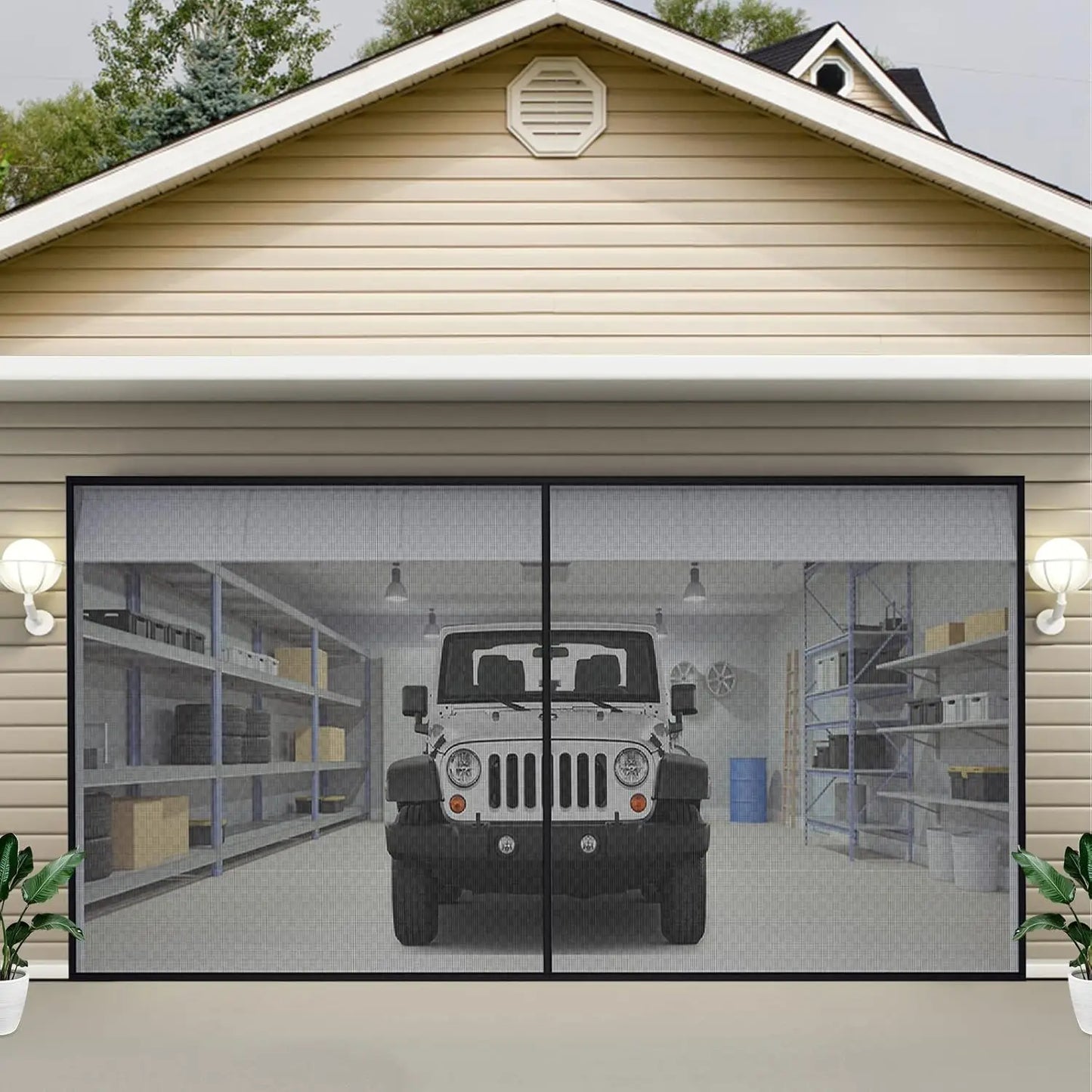 Garage Door Screen, 18 x 7 ft for 2 Cars, 5.8 lbs Heavy-Duty Fiberglass Mesh for Quick Entry with Self Sealing Magnet &Weighted
