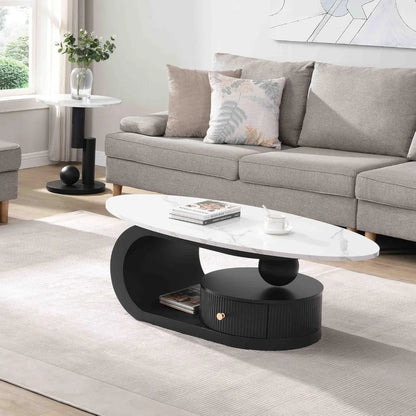 2-Piece Modern Oval Decorative Coffee Center Table with White Faux Marble Top