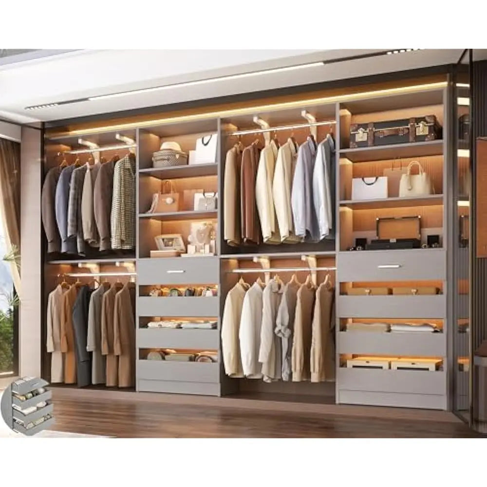Closet System with 8 Wooden Drawers,  Tower, Clothes Rack w/4 Hanging Rods