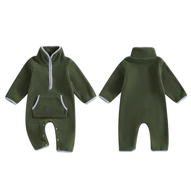 3-12M Autumn Winter Baby Boys Fleece Romper, Long Sleeve, Stand Collar, Pockets