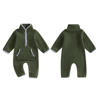 3-12M Autumn Winter Baby Boys Fleece Romper, Long Sleeve, Stand Collar, Pockets