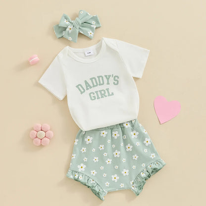 3Pcs  0-18 mo Baby Girl Outfit,  Daddy’s Girl, Short Sleeve Romper, Flower Ruffle Shorts, Headband