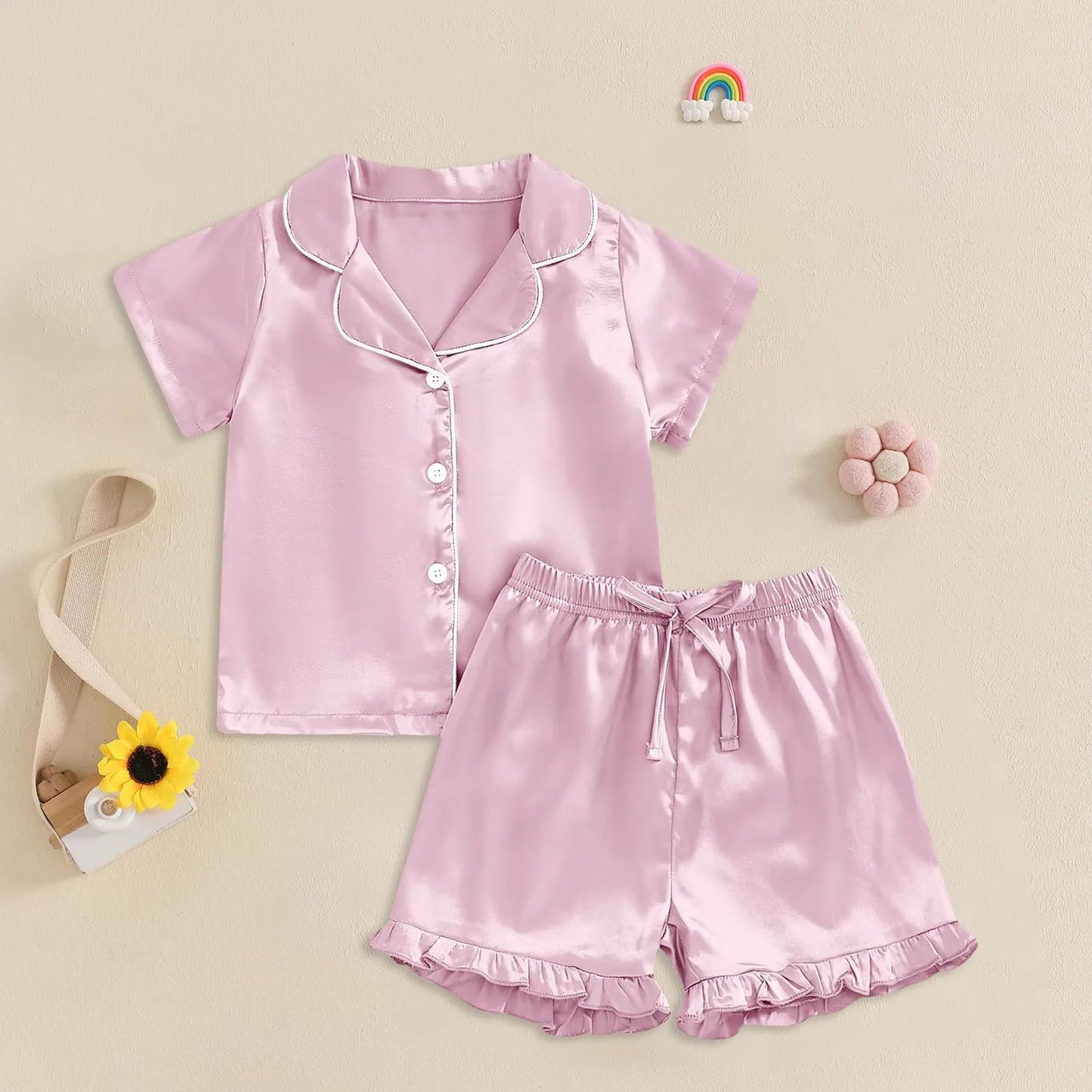 1Y-13Y Silk Pajamas Girl Satin Summer Feather Pajamas Short Sleeve
