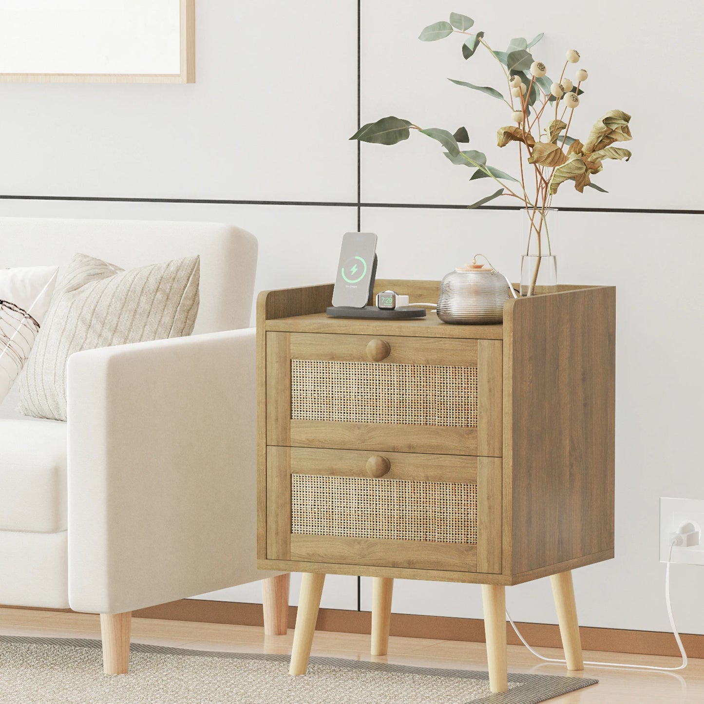 Rattan Nightstand with Charging Station, with 2 Drawers, Natural