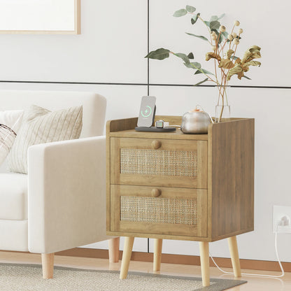 Rattan Nightstand with Charging Station, with 2 Drawers, Natural