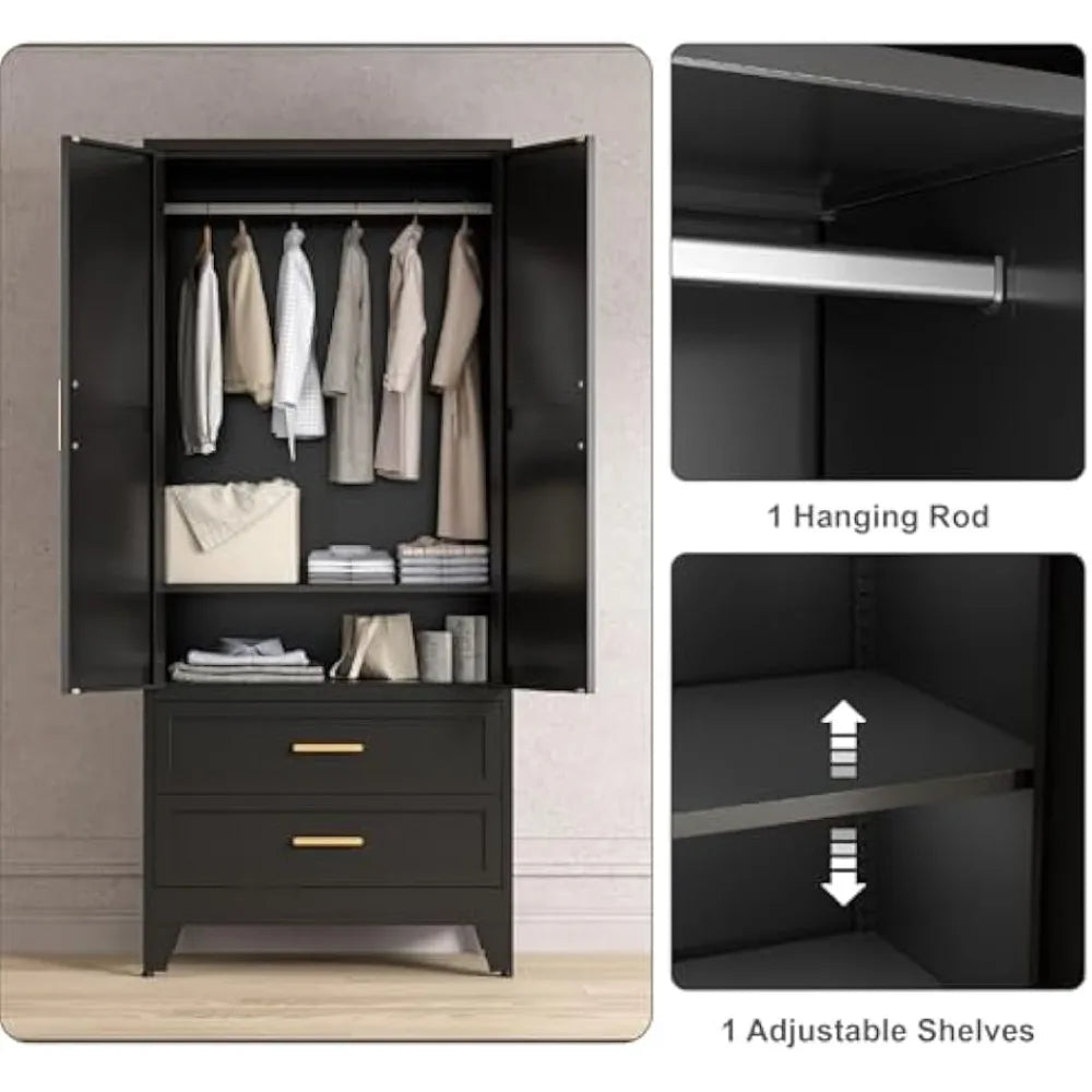 71'' Metal Wardrobe Cabinet with Hanging Rod, 2 Barn Door with Adjustable Shelves, 2 Drawer