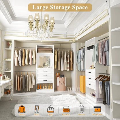 48" W - 96” W Closet System with Mirror, 8FT Walk in Closet Organizer Kits with Drawers and 3 Extendable Hanging Rod