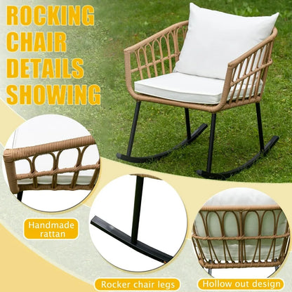 Indoor/Outdoor All Weather Woven Rope Table Set, Tan Wicker Rocker Set With White Cushions