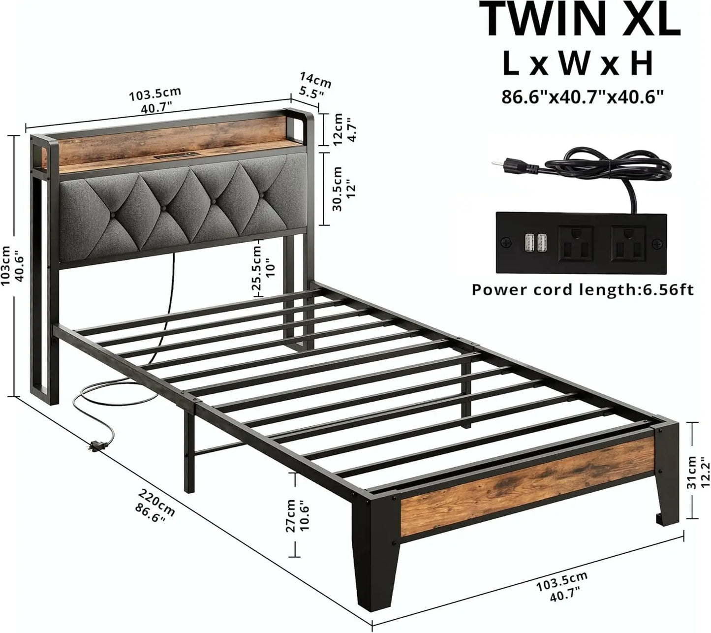 Twin/TwinXL/Full/Queen/King/CaliforniaKing Bed Frames, Storage Headboard with Outlets, No Noise, No Box Springs Needed