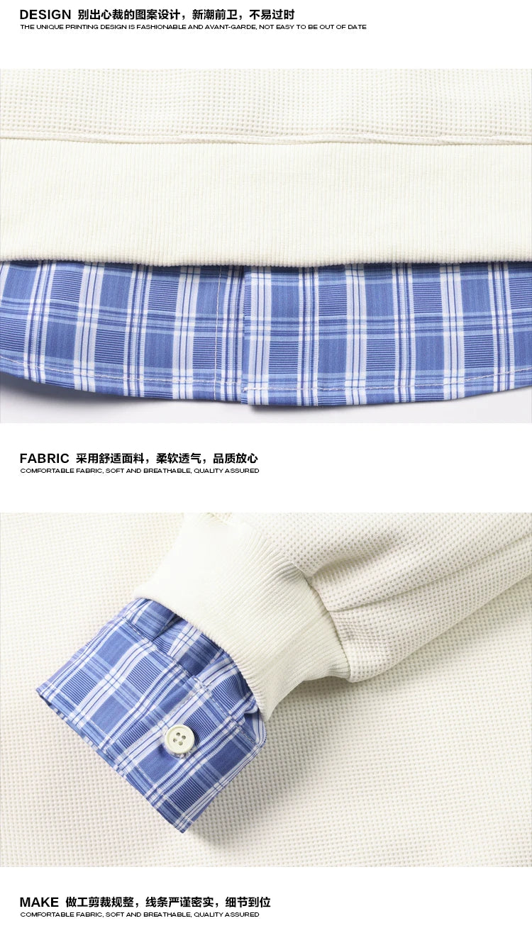 Unisex Plaid Patchwork Fake Two Sweatshirt, College Style Puppy Embroidery, POLO Collar