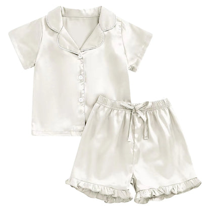 1Y-13Y Silk Pajamas Girl Satin Summer Feather Pajamas Short Sleeve