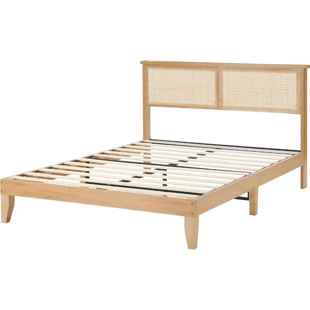 Full Bohemian Rattan Bed Frame with LED Lights,Solid Wood Foundation