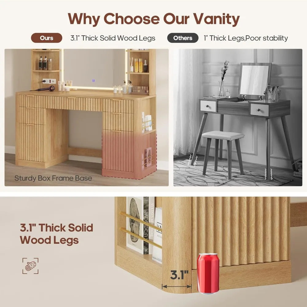 51.2" Vanity/Desk with Large 30.3" Mirror and Lights, 5 Drawer with Power Strip, 6 Open Shelves, 2 Cabinet